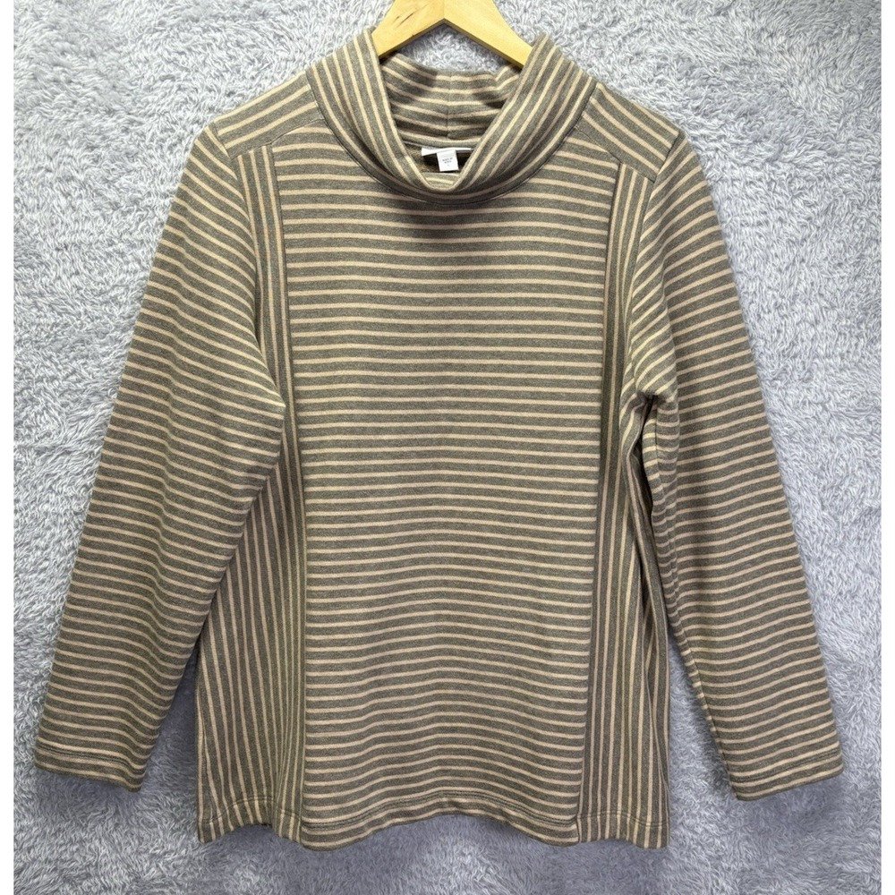 J Jill Womens L 100% Cotton Top Tan Gray Stripe Mock Neck Relaxed Pullover